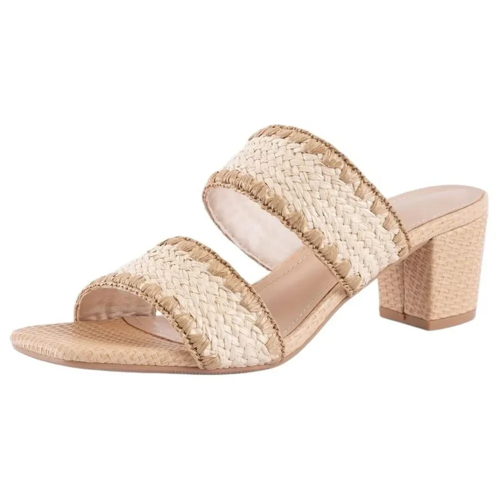 N.N.G Braided Tan Chunky Heel Square Toe Leather Woven Heels Mules Slides